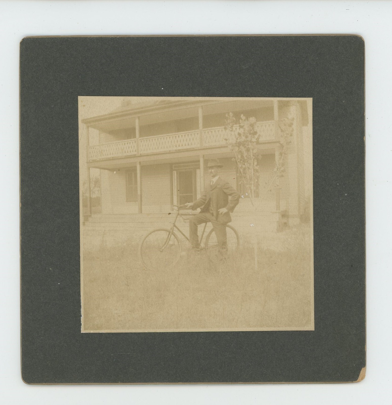 Vintage Antique Cabinet Card Photo On Board Dapper Man Rides Bicycle Home 1880s