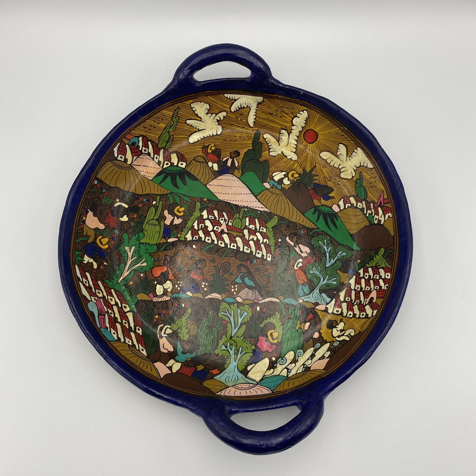Vintage Mexican Folk Art Double Handled Platter Pottery with Stories Redware