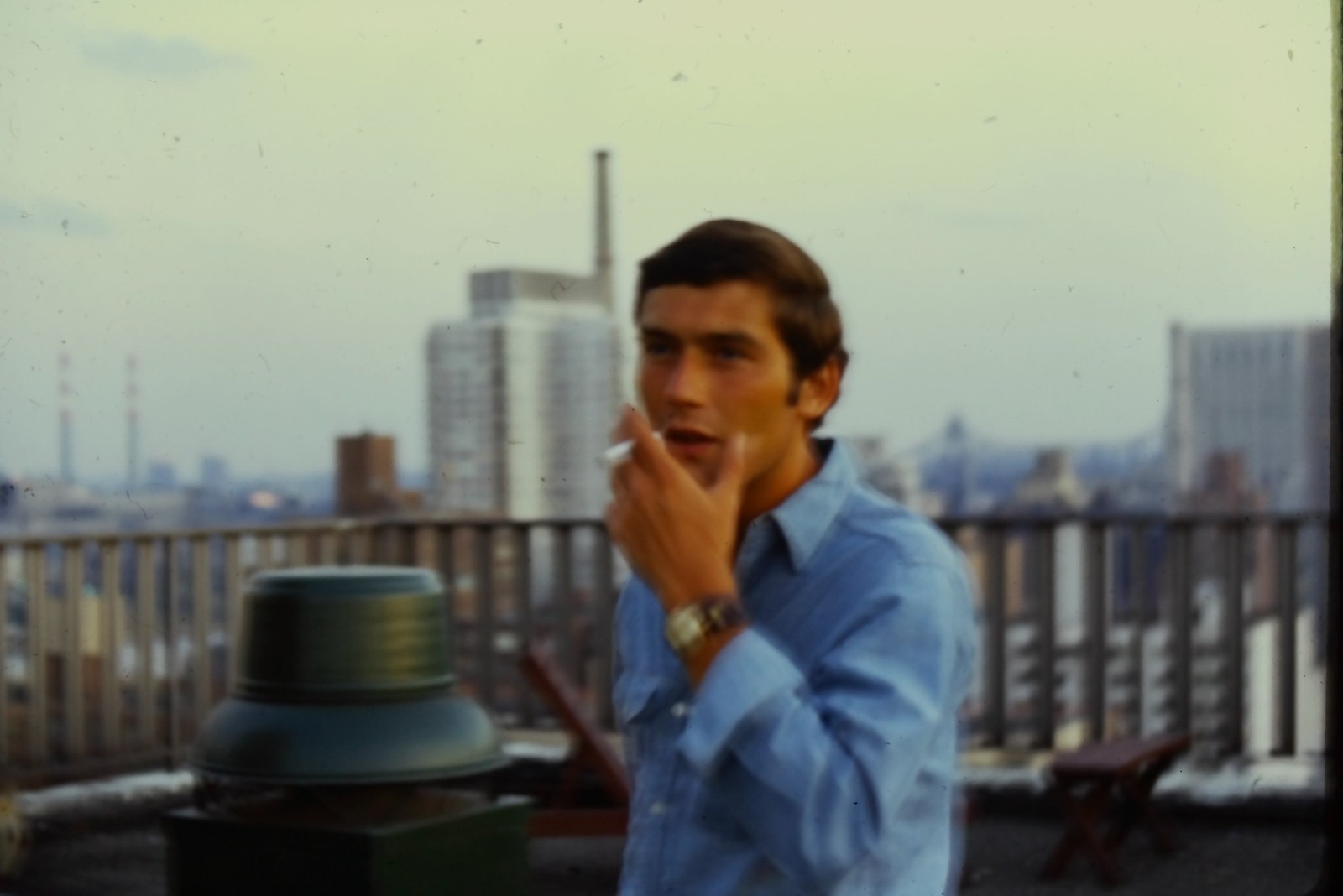 c1970\'s Kodachrome 35mm Slide, Man Smoking Rooftop, City Skyline Portrait blue