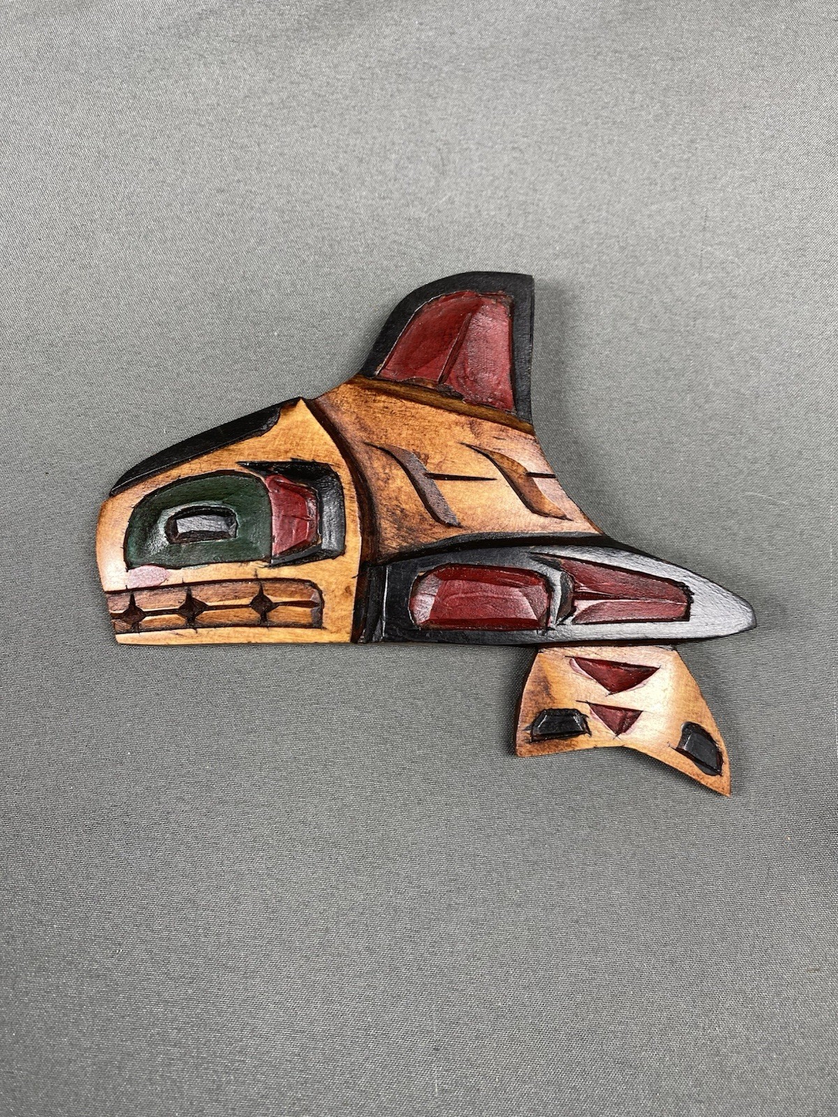 VINTAGE FIRST NATION CARVED KILLER WHALE  SIGNED RALPH SHAUGHNESSY WOOD CARVING