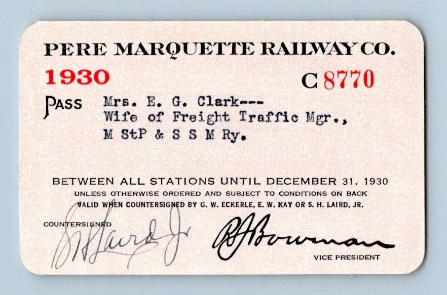 1930 PERE MARQUETTE RY.  RAILROAD PASS