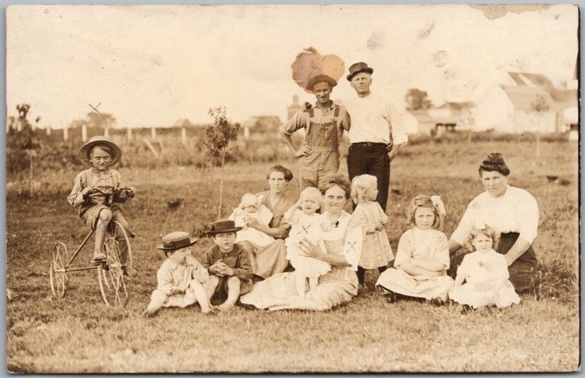 c1910s Photo RPPC Postcard Family Outing / Too Many Kids and a Cool Tricycle