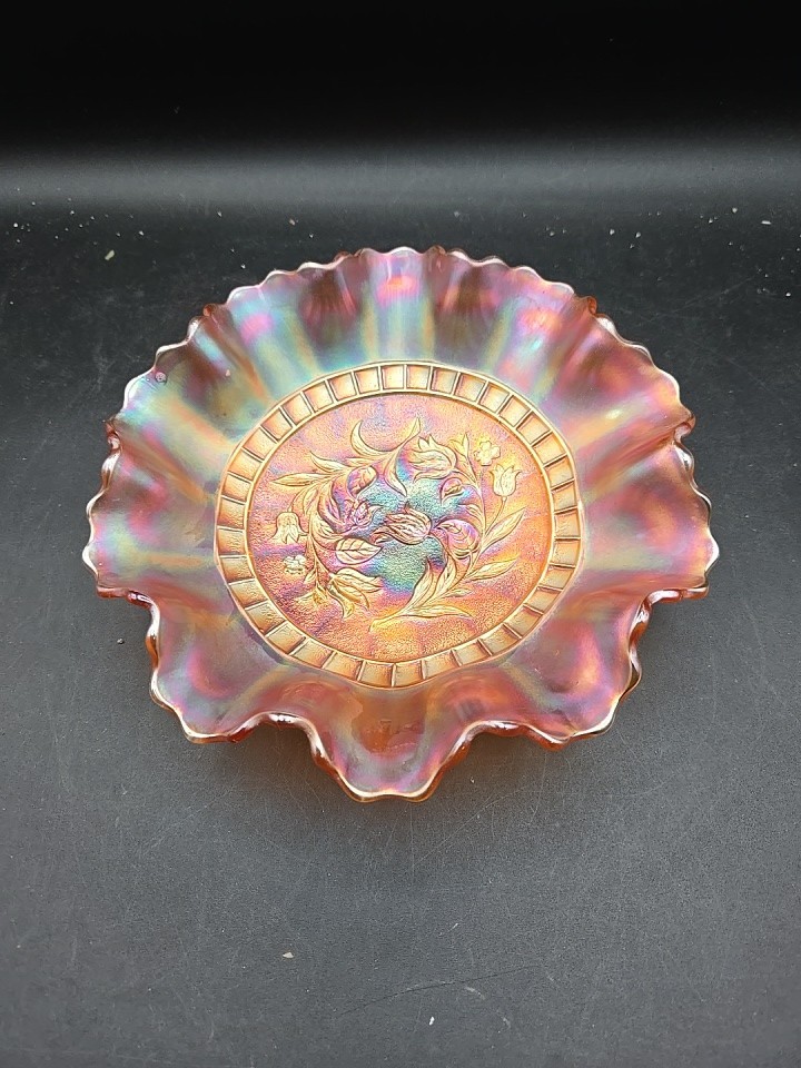 Dugan Windflower Ruffled Bowl Marigold Carnival Glass Bowl 8 1/4 Dugan Windflower Ruffled Bowl Marigold Carnival Glass Bowl 8 1/4