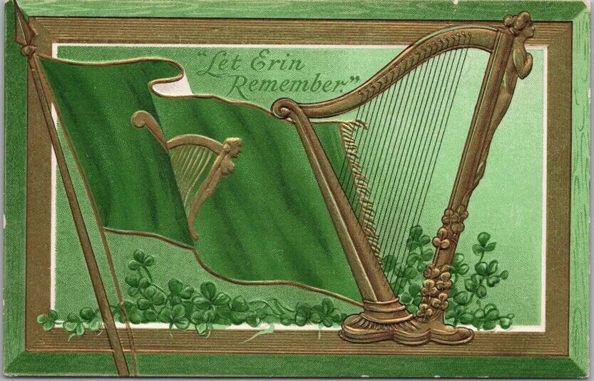 c1910s ST. PATRICK'S DAY Greetings Postcard Gold Harp 