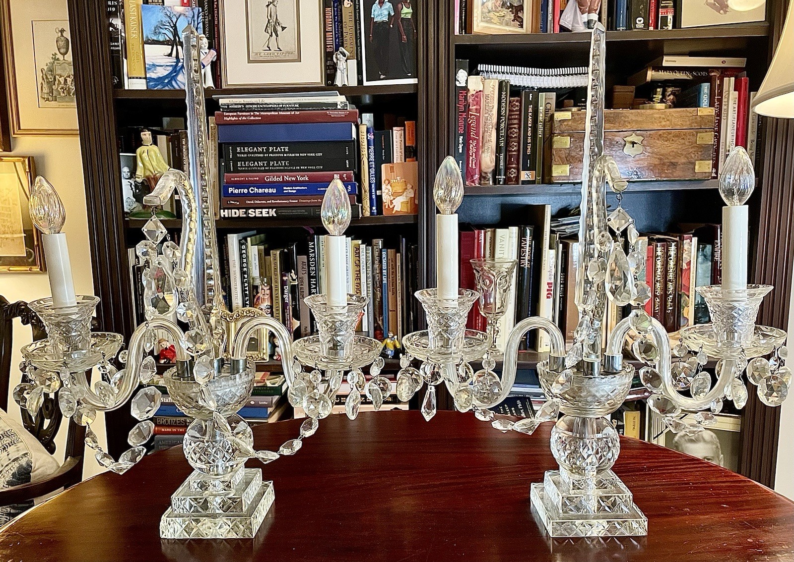 Vintage Pair of Large Regency Style Electrified Crystal Candelabrum