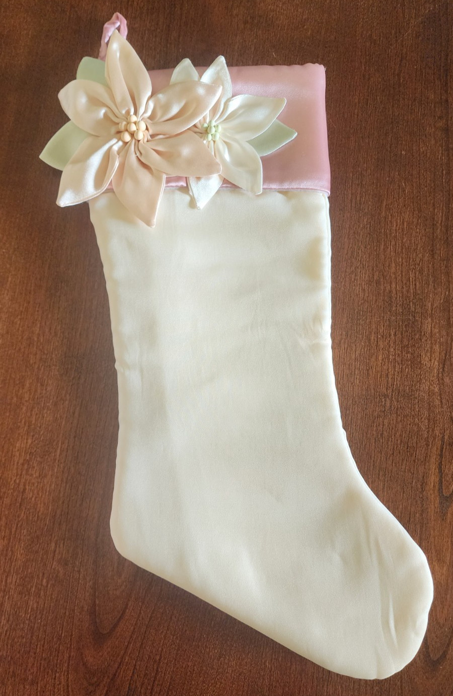Vtg Martha Stewart Pink & Cream Poinsettia Satin Christmas Stocking
