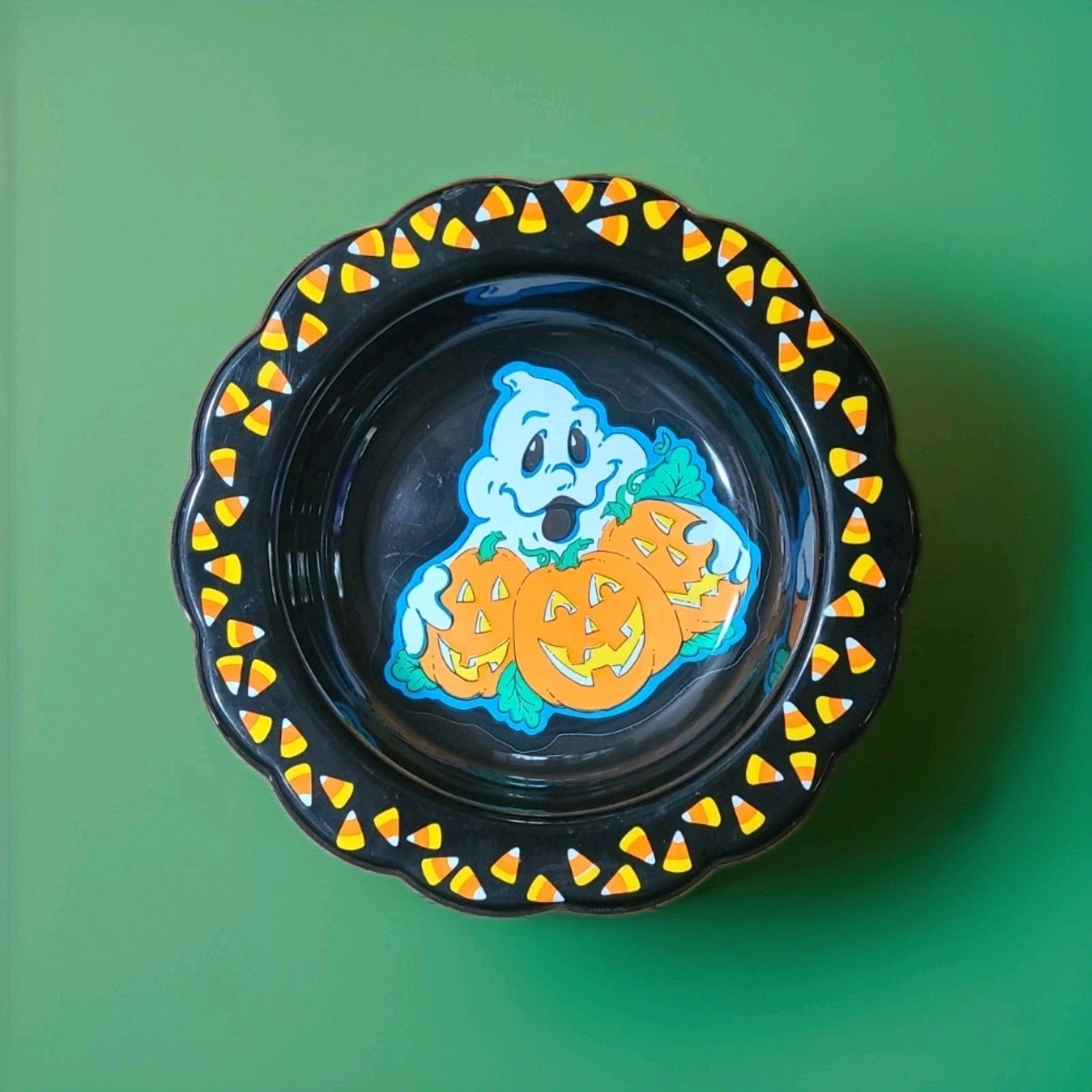 Vtg Berman Plastic Halloween Trick or Treat Candy Bowl Ghost Candy Corn Pumpkins