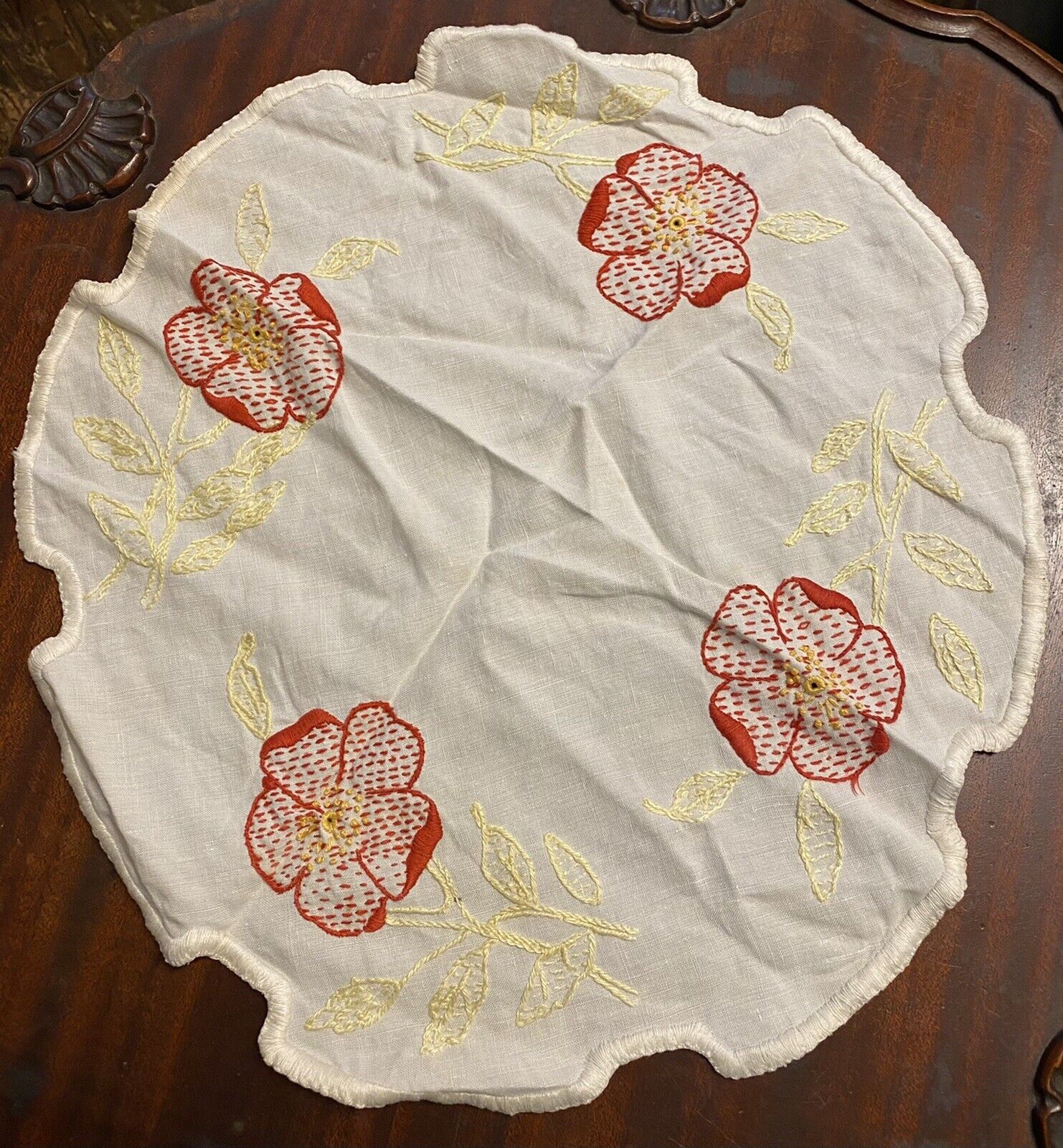 Vintage Linen Floral Embroidered Table Center Topper Doily Handmade