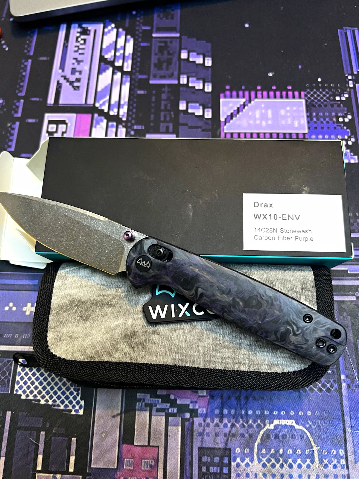 WIXCO Drax WX10-ENV Pocketknife Stonewash Stainless Blade Purple Carbon Fiber