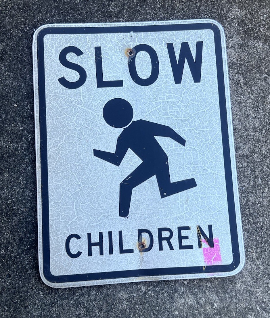 Vintage White Slow Children Playing Street Sign Metal Steel Retired Sign