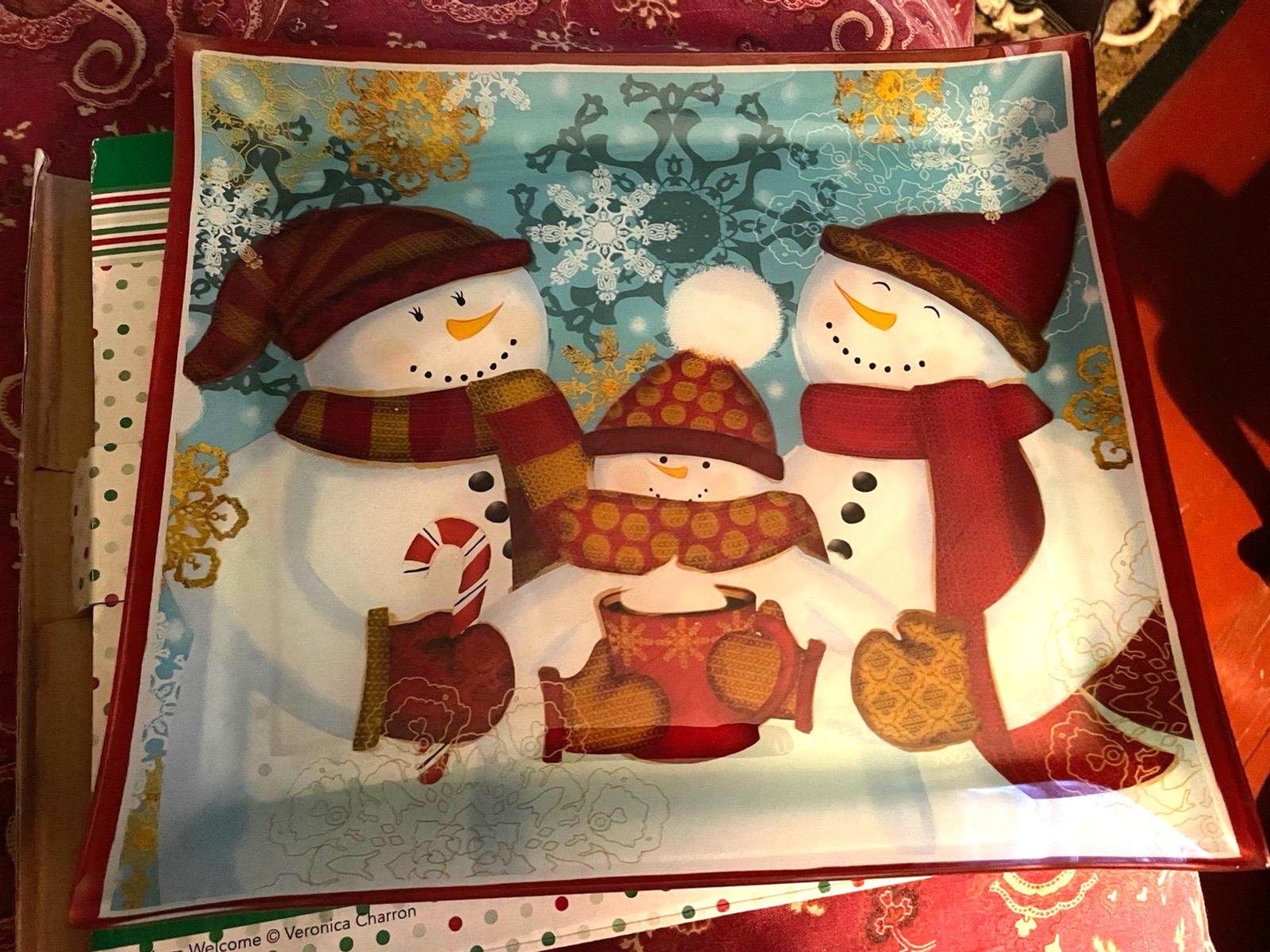 Pfaltzgraff Glass Platter Snowman Winter Christmas 12 inch square WARM WELCOME