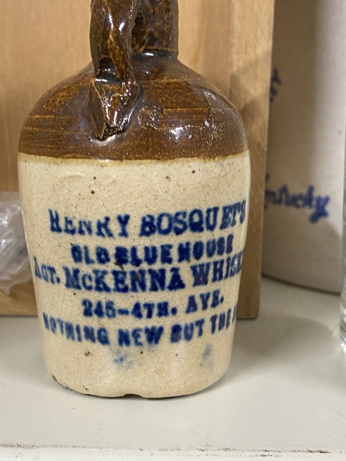 Henry Bosquets Old Blue House Mini McKenna Whiskey Jug STONEWARE Louisville KY
