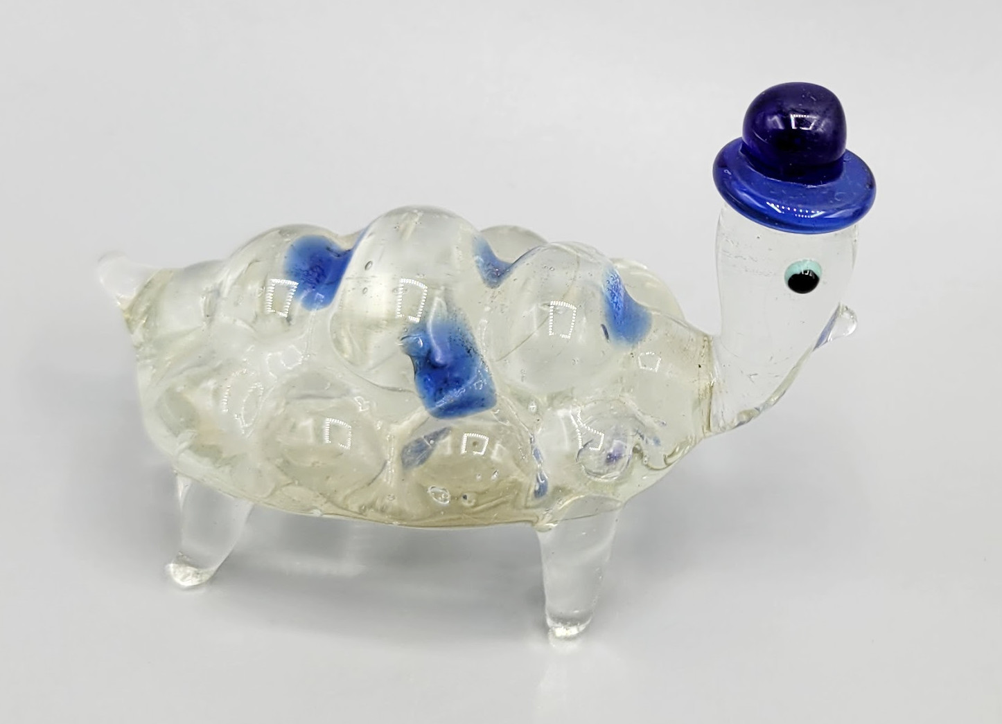 Vintage Blown Glass Turtle Figurine Clear Cobalt Blue Top Hat Animal Whimsical