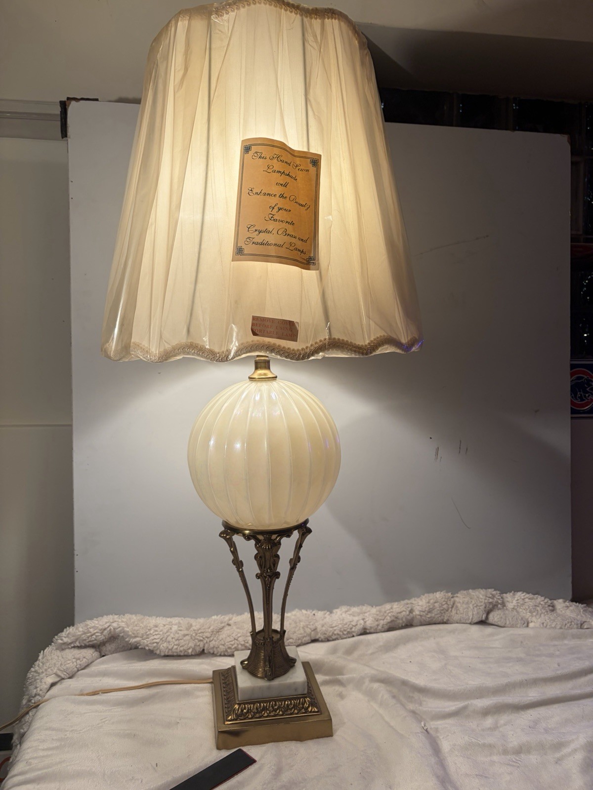 Vintage 1960s Brass and White Iridescent Glass Table Lamp