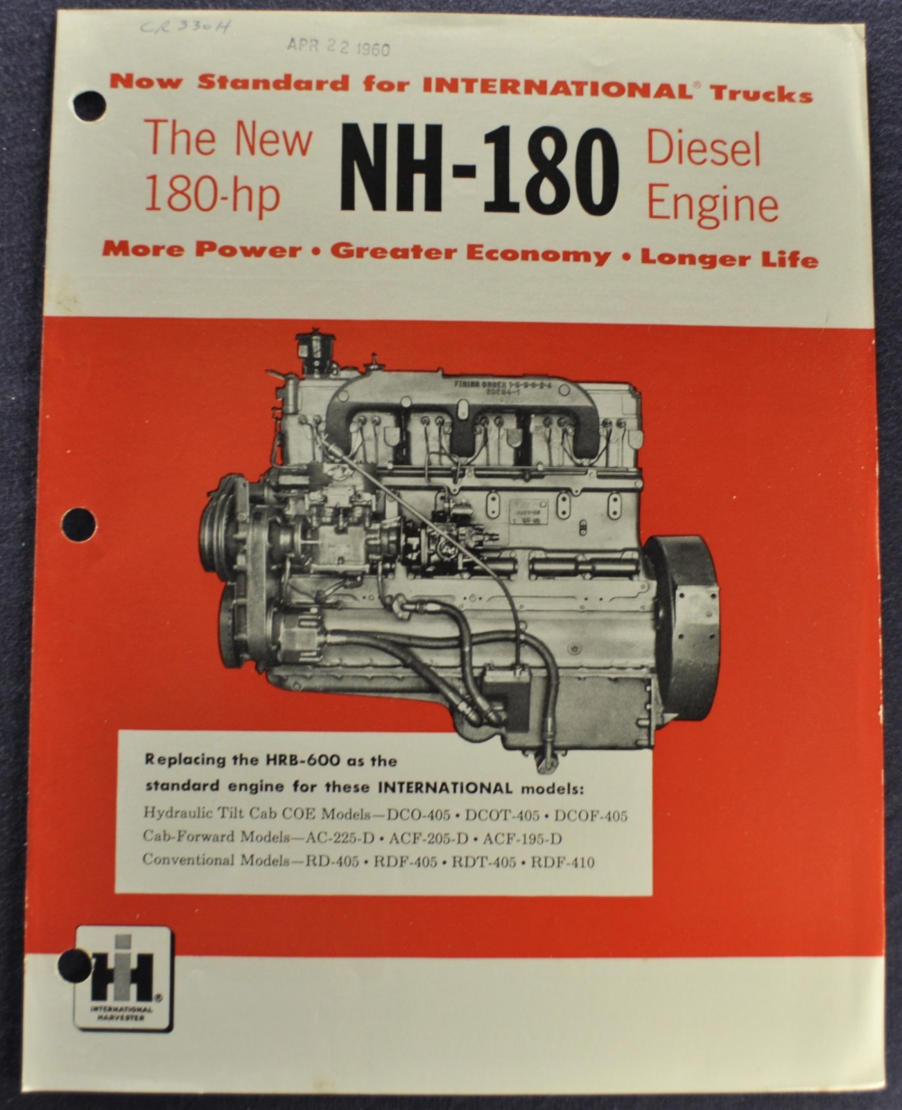 1958 International NH-180 Diesel Truck Engine Brochure Sheet Excellent Original