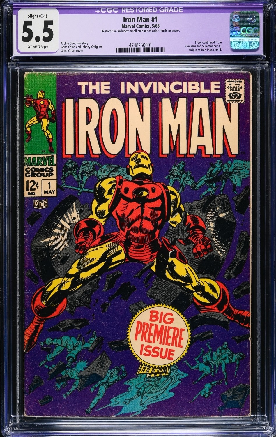 Iron Man #1 (Marvel Comics May 1968) CGC 5.5 (restored) F- First Solo Issue