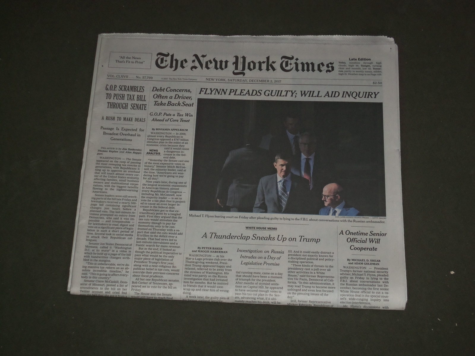 2017 DECEMBER 2 NEW YORK TIMES - MICHAEL FLYNN PLEADS GUILTY - WILL AID INQUIRY