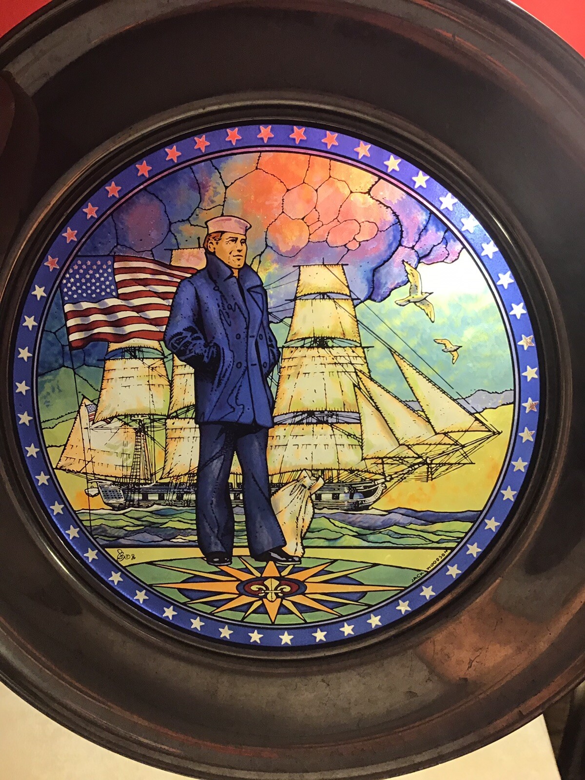 US Navy Memorial Commemorative Stained Glass Plate “The Loan Sailor”Jack Woodson