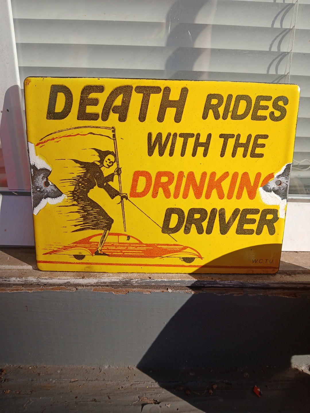 VINTAGE ALCOHOL PORCELAIN SIGN OLD DEATH RIDES WITH THE DRINKING DRIVER WCTU 10\ VINTAGE ALCOHOL PORCELAIN SIGN OLD DEATH RIDES WITH THE DRINKING DRIVER WCTU 10\