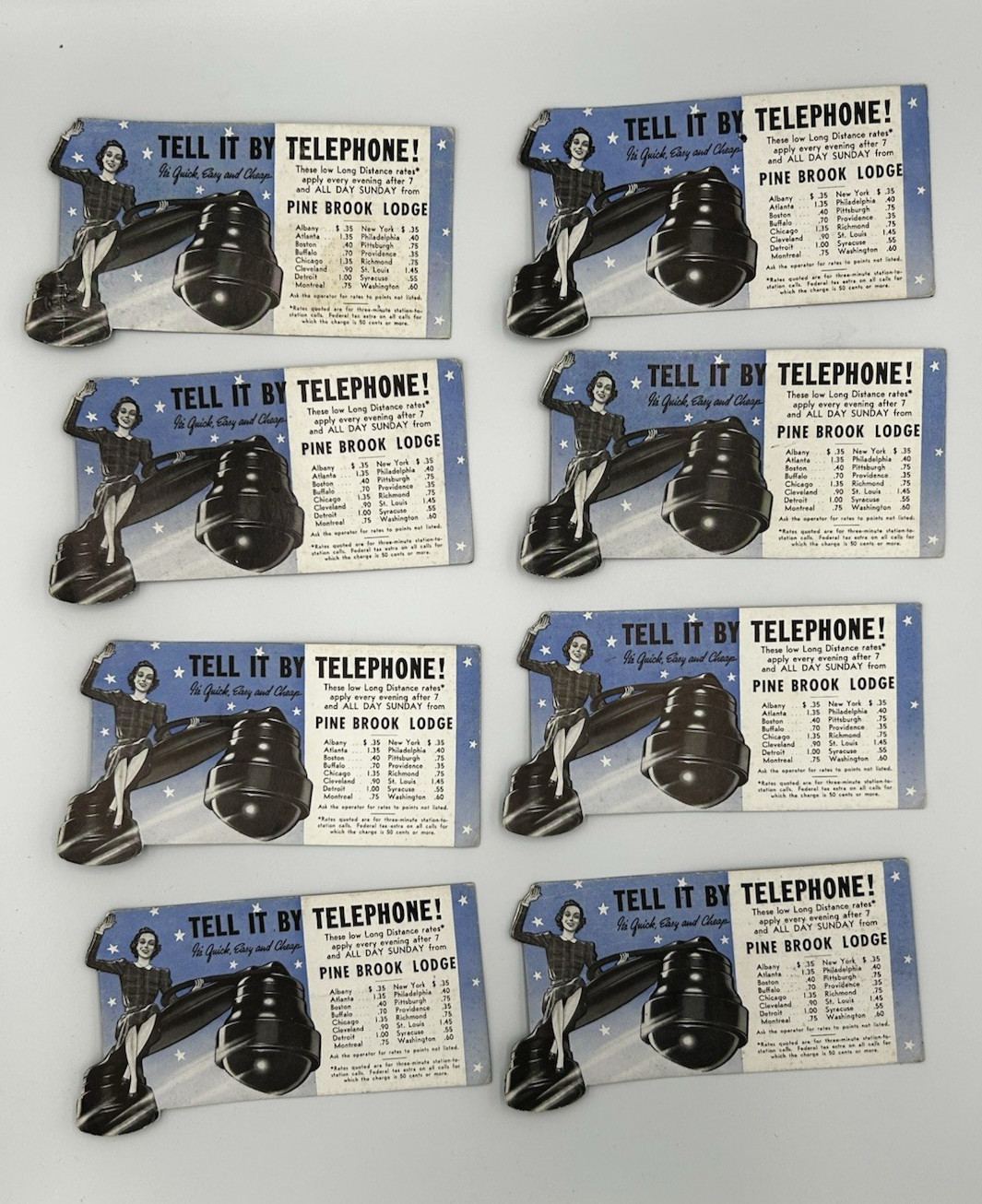 Tell it by Telephone Vintage Pine Brook Lodge Long Distance Promo Cards NOS
