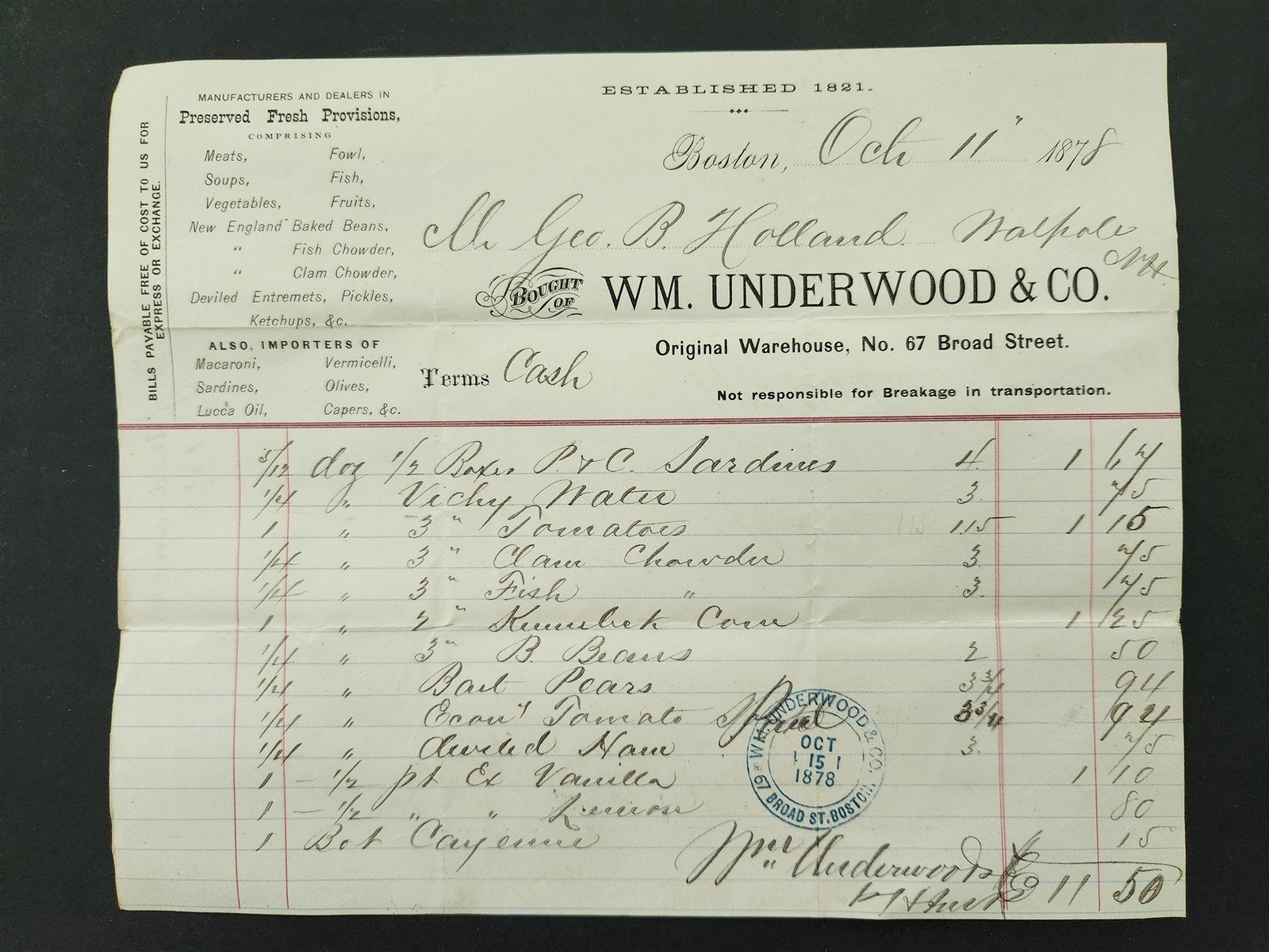 1878 antique WM UNDERWOOD & CO boston ma PRESERVED PROVISIONS ad BILLHEAD 