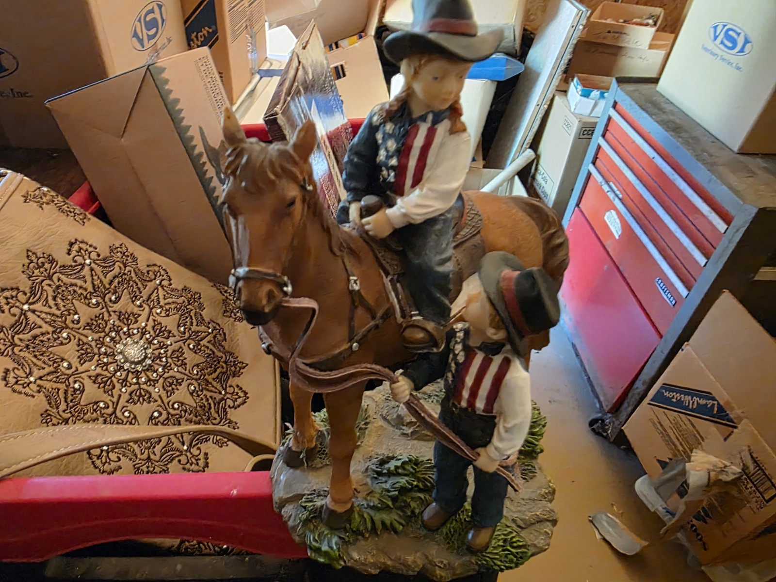 Western Americana Cowgirl on Horse with Boy Leading Figurine Statue