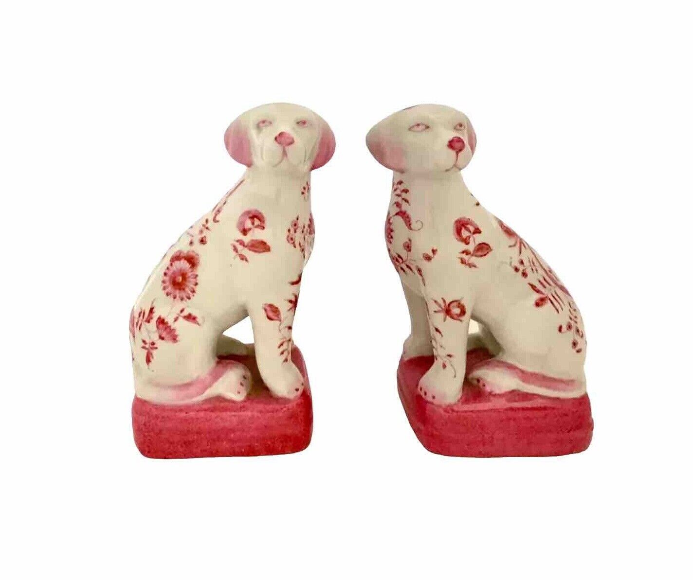 Dog Statue Pair Rare Pink Stamped Oriental Chinoiserie Vintage Decor Gift