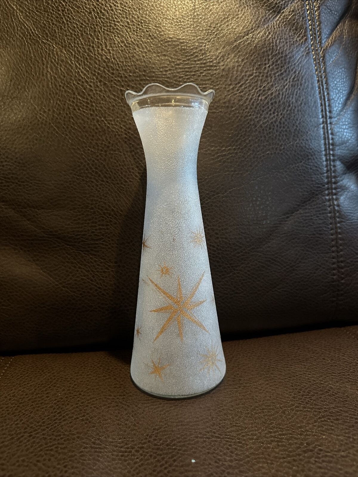 Vintage Bartlett Collins Pebbled Frosted Teal Glass Vase Atomic Gold Starburst