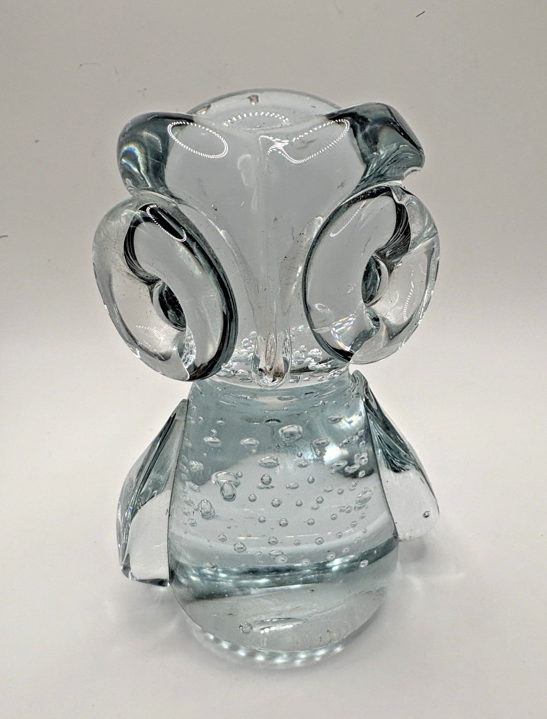 Retro Artisan Clear Blown Art Glass Owl Big Eyes Bubbles 5.5\