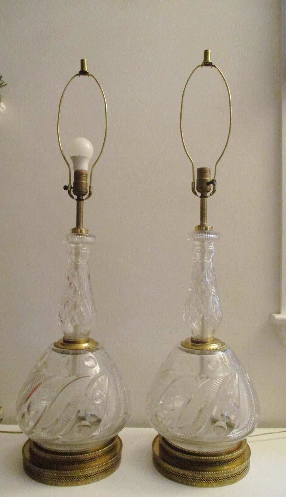 Pair Monumental Heavy Cut Glass Crystal Brass Hollywood Regency Table Lamps Wow