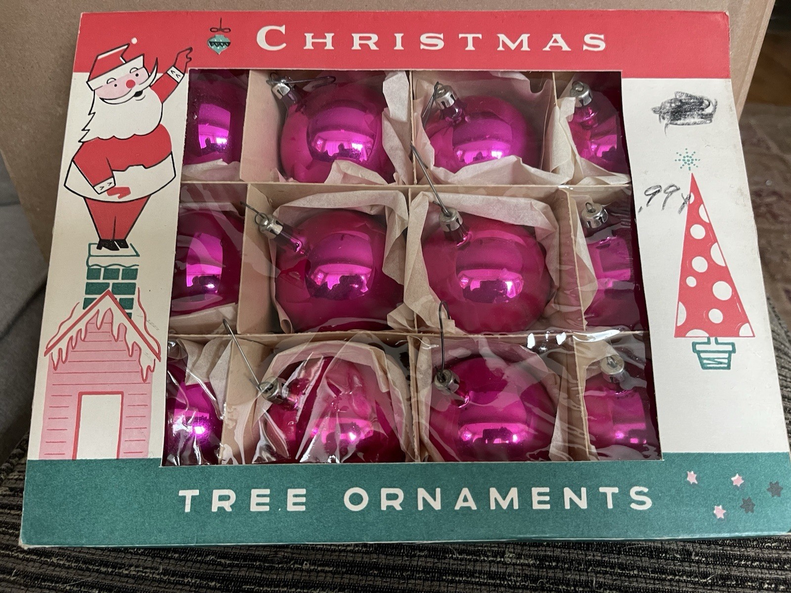 12 Vintage Mid Century Hot Pink Fantasia Brand Poland Glass Christmas Ornaments