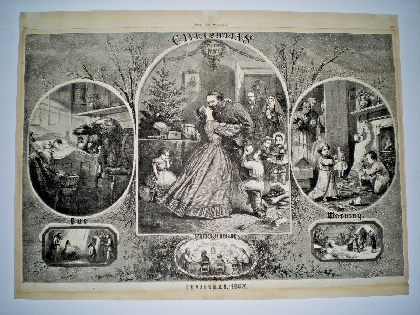 Original 1863 Thomas Nast Christmas Civil War Centerfold Print Harper\'s Weekly