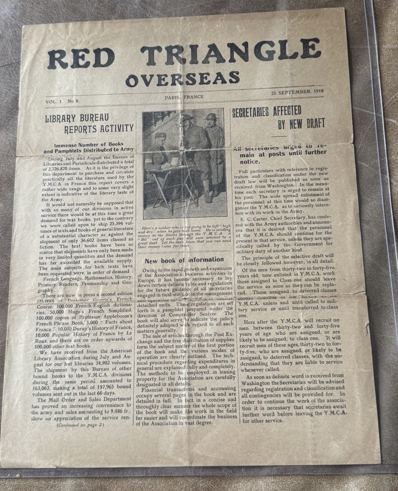1918 Red Triangle Overseas YMCA WWI Army Newsletter Paris France Vol.1 No.8