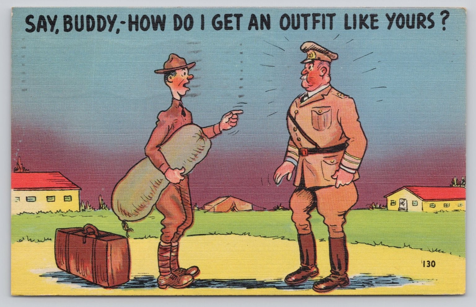 Vintage Military Cartoon Postcard - Recruit Asks Officer - Wichita Falls 1943