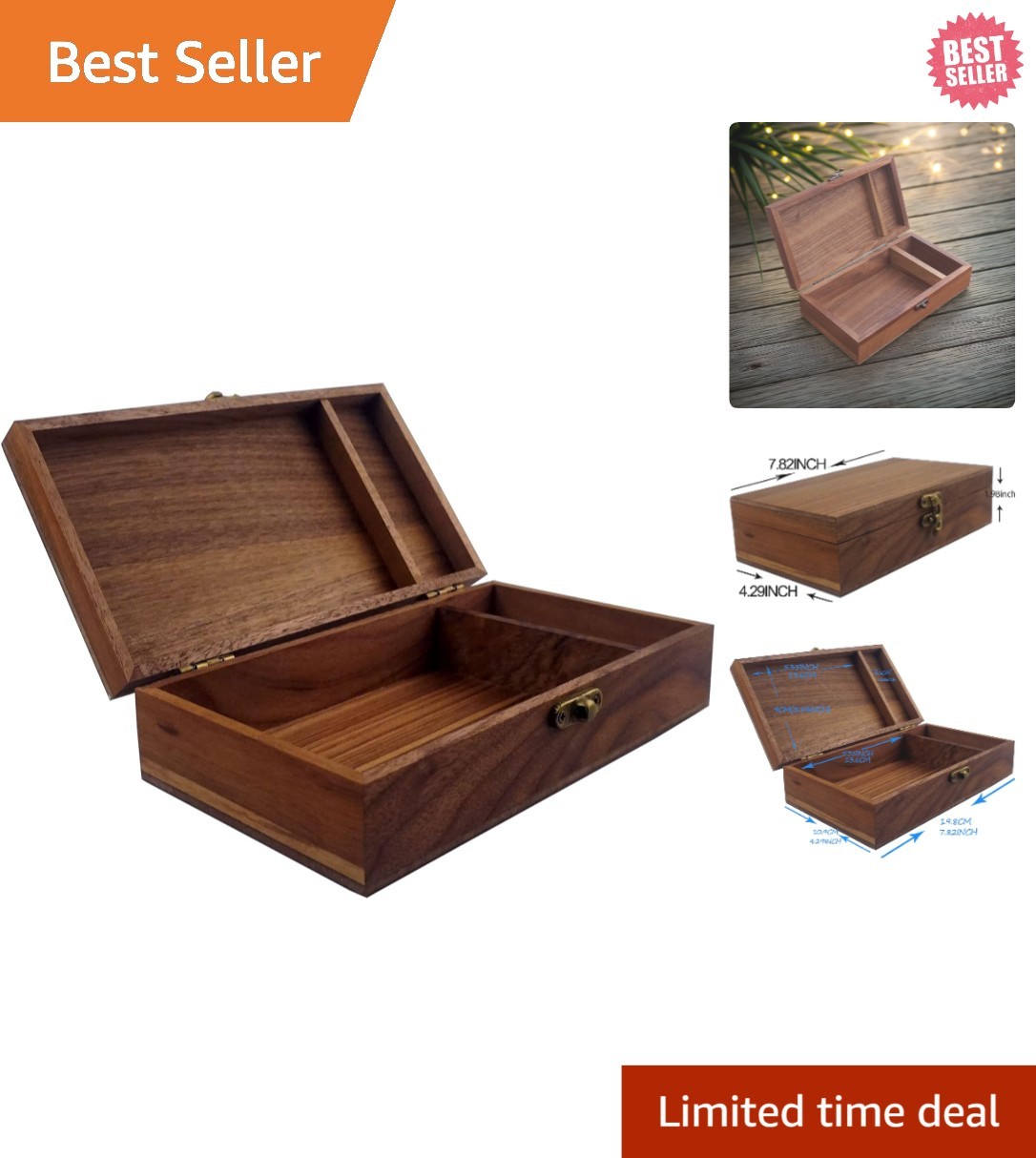 Genuine Walnut Wooden Box for Jewelry, Photos & Keepsakes - Portable Design