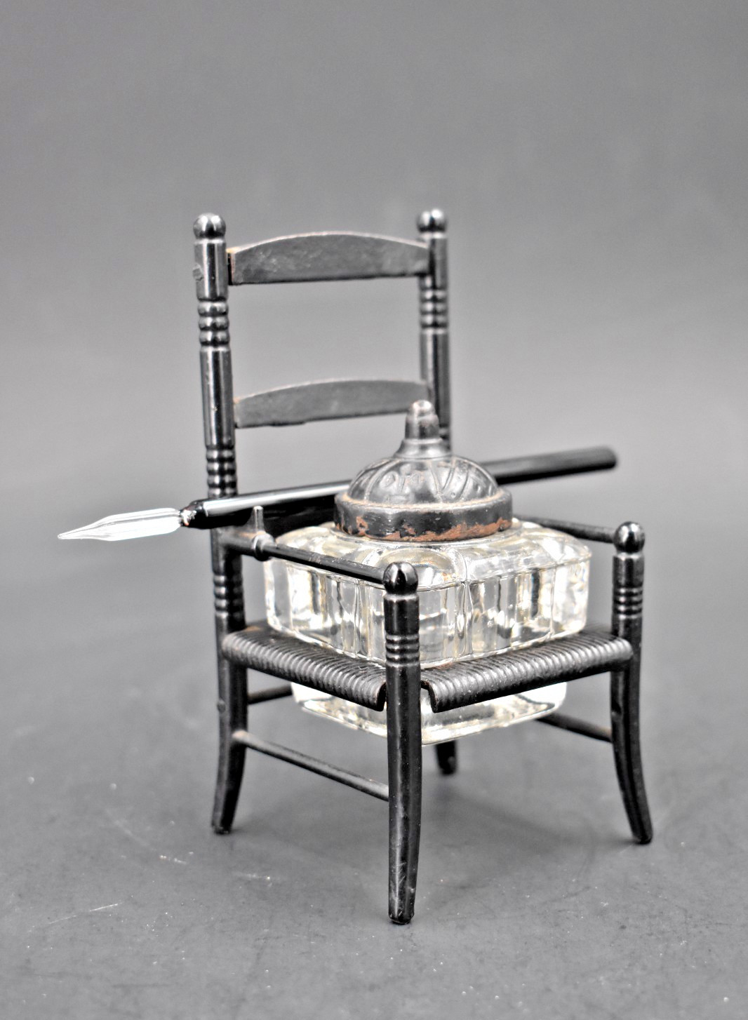 Antique Miniature Armchair Desk Inkwell Set Metal Ladderback Glass Insert