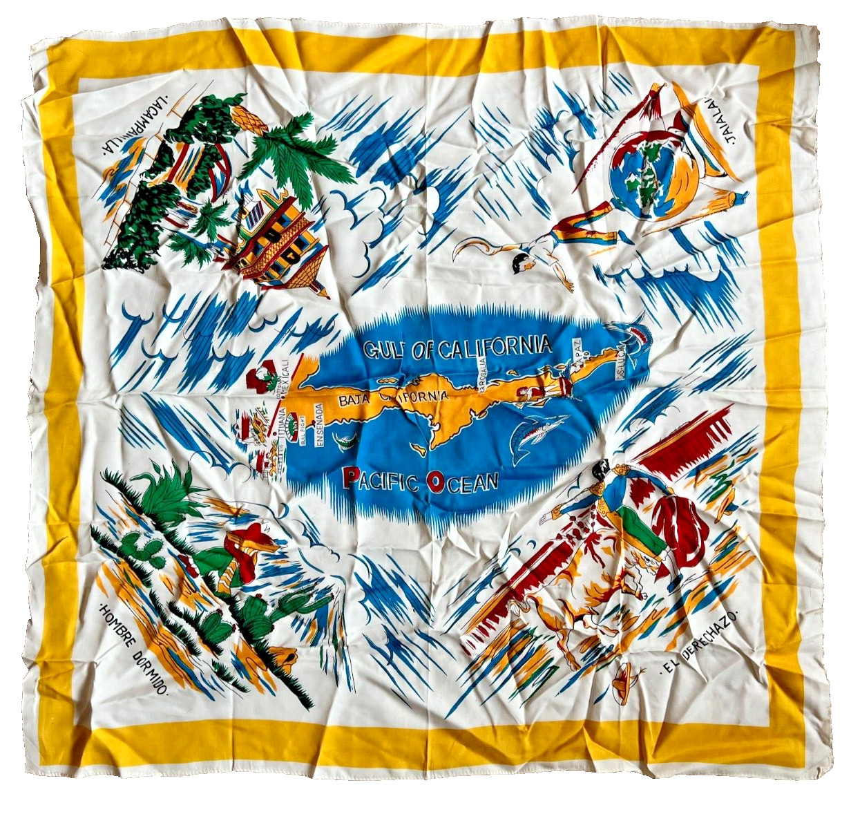 Vintage 1950s Gulf Of California Baja Mexico Souvenir  Square Scarf