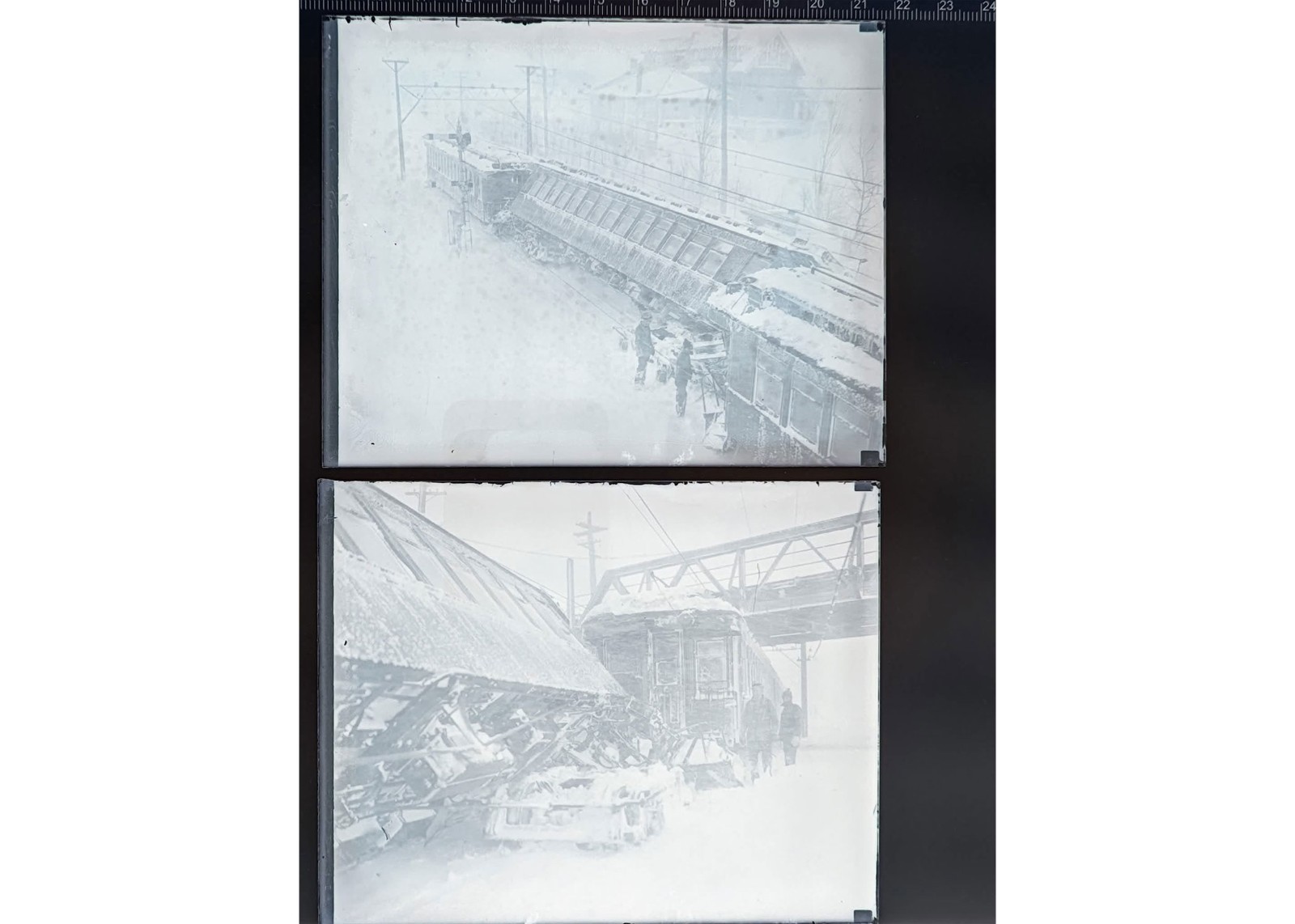 1934 Narrow Gauge Railroad Winter Train Wreck Boston MA Glass Negatives 2 OOAK