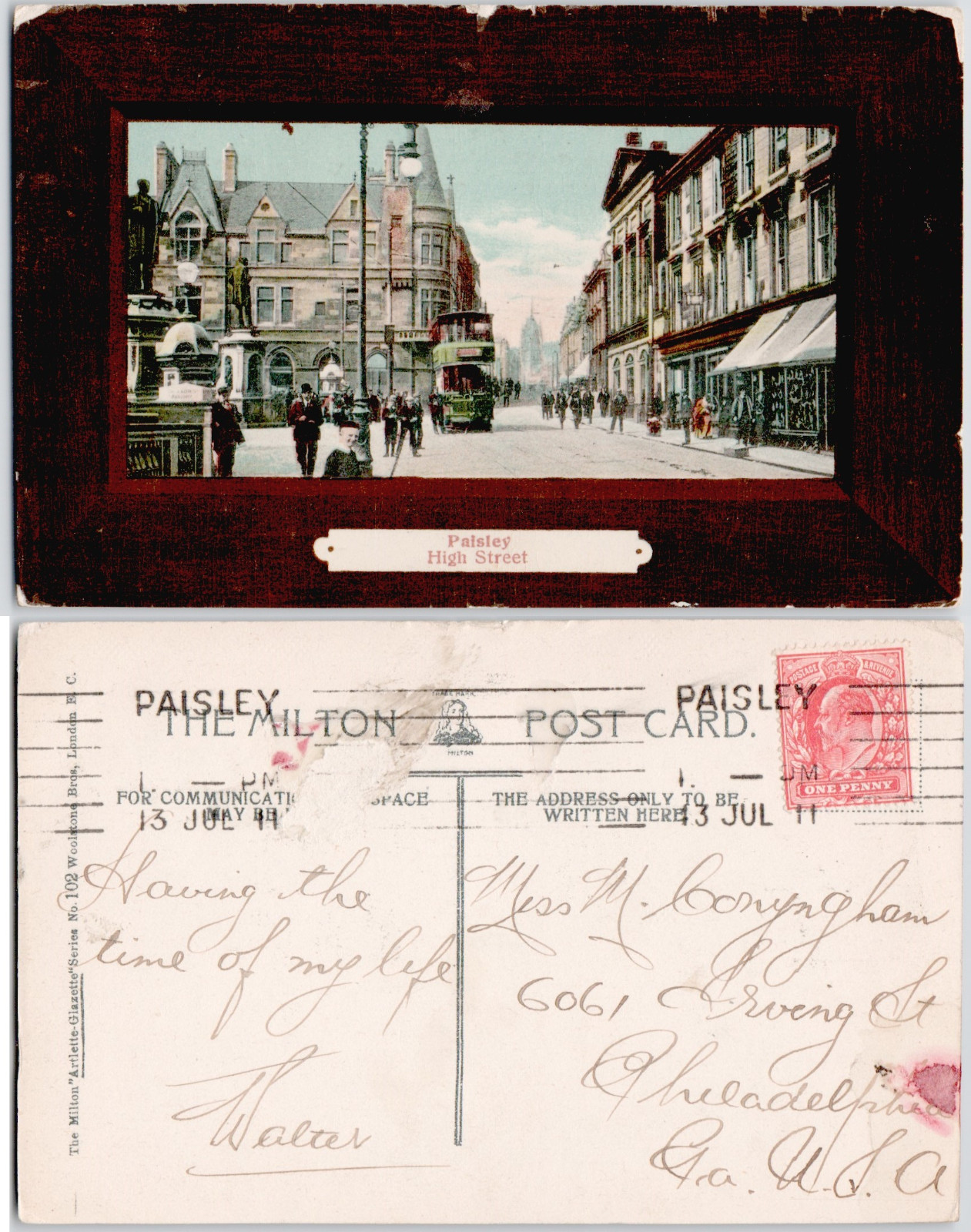 UK Scotland Paisley 1911 High Street Tram Statue Buildings Shops Postcard