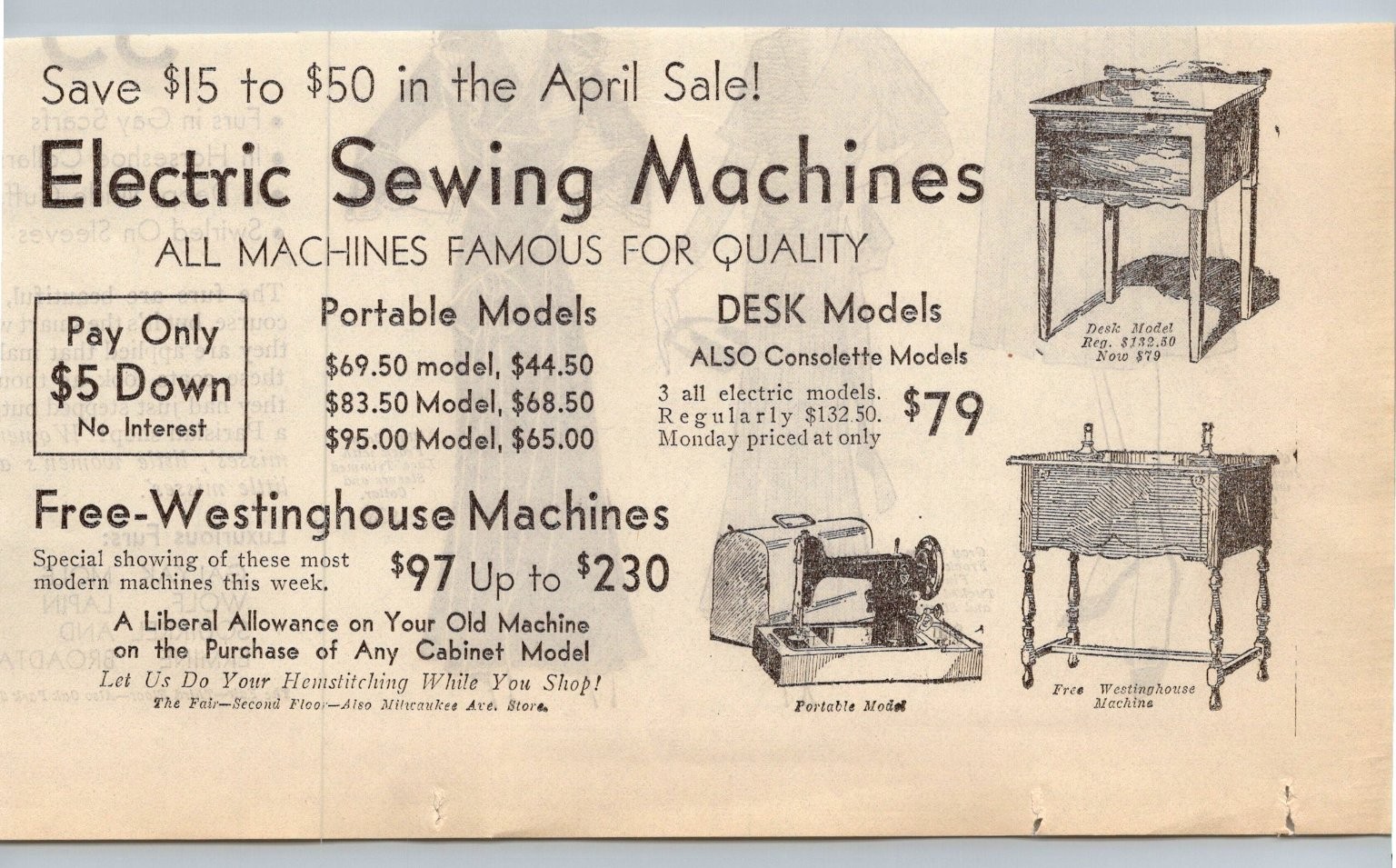 1930s Westinghouse Electric Sewing Machine Ad The Fair Store Ephemera Rates