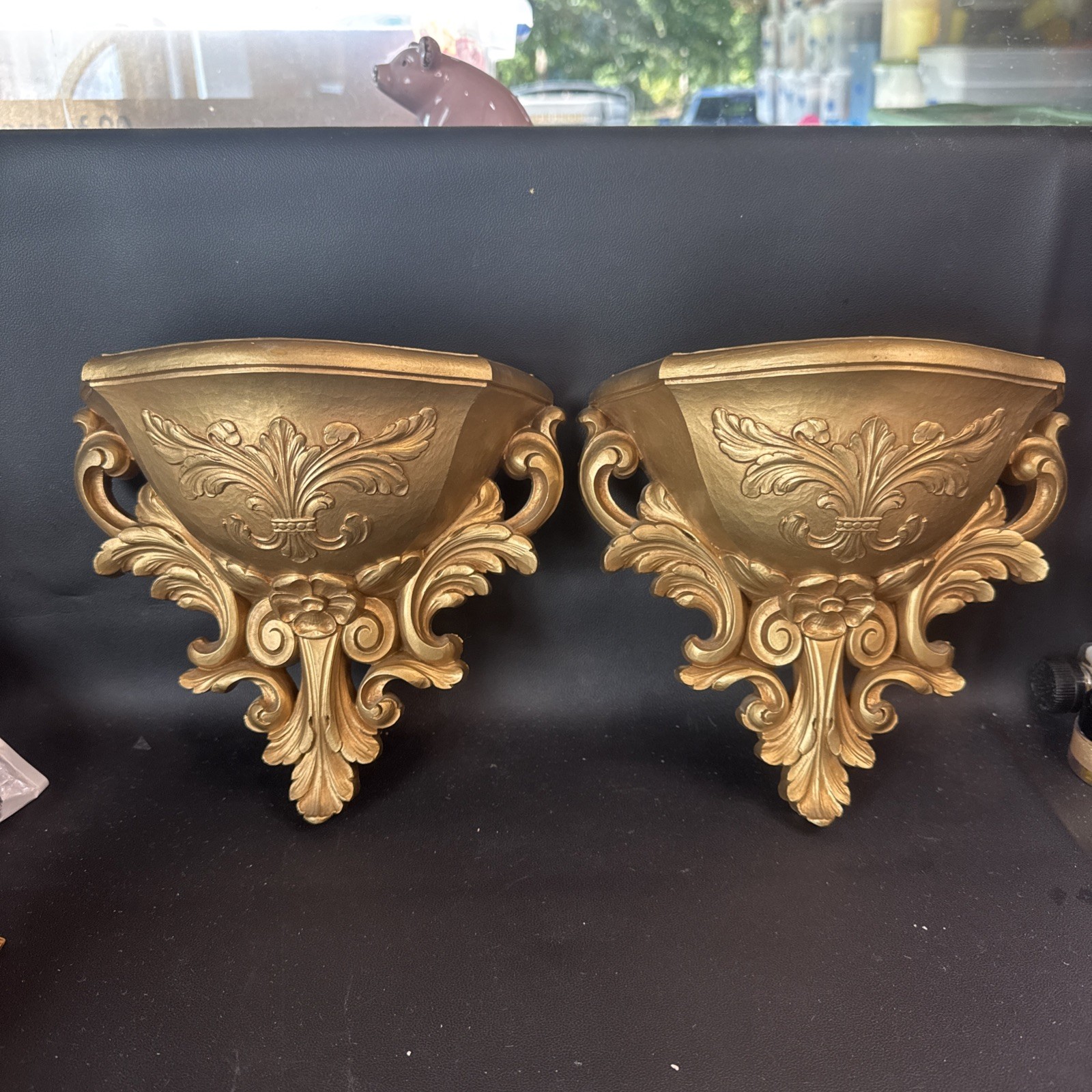 1978 Homco Gold Wall Planter Shelves Set of 2 Fleur De Lis Hollywood Regency MCM