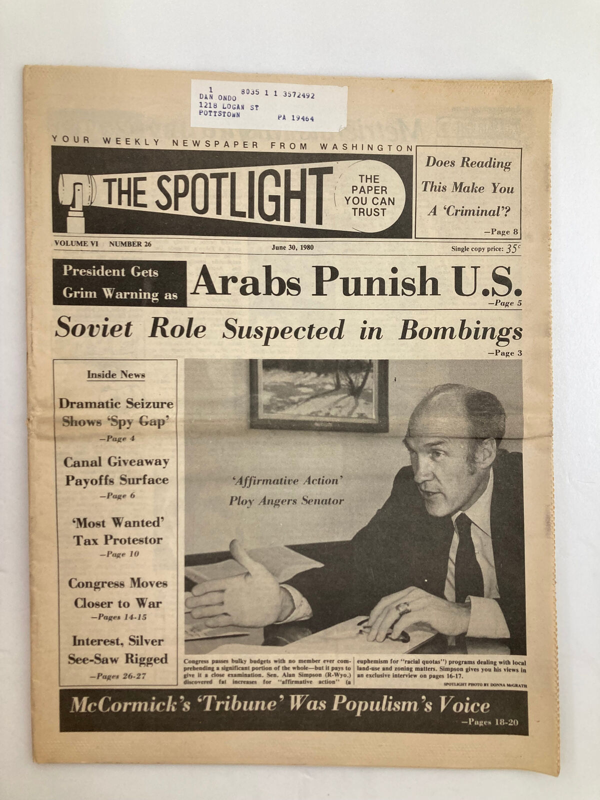 The Spotlight Newspaper June 30 1980 Vol 6 #26 Senator Alan Simpson