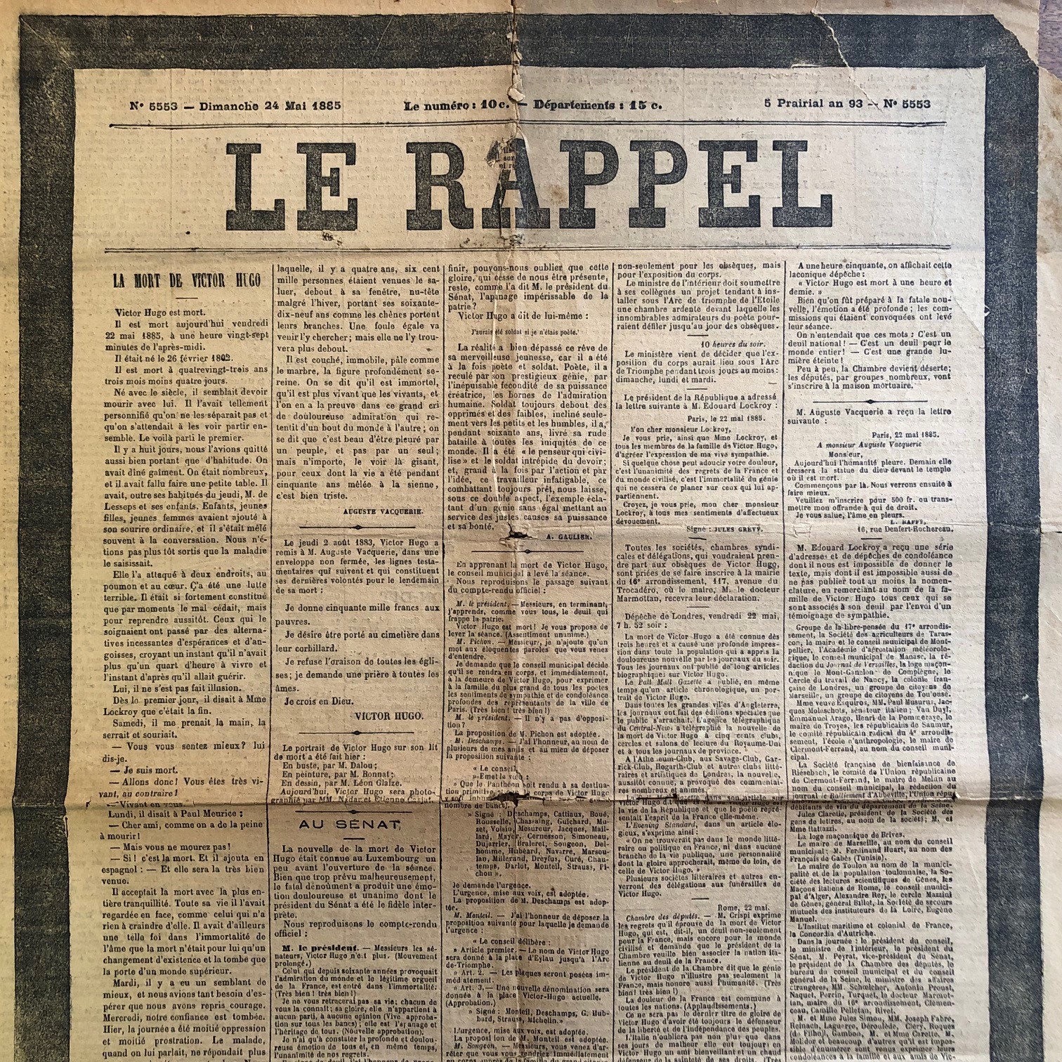 Journal LE RECALL 24 May 1885 # THE DEATH OF VICTOR HUGO Reactions in the Senate ...