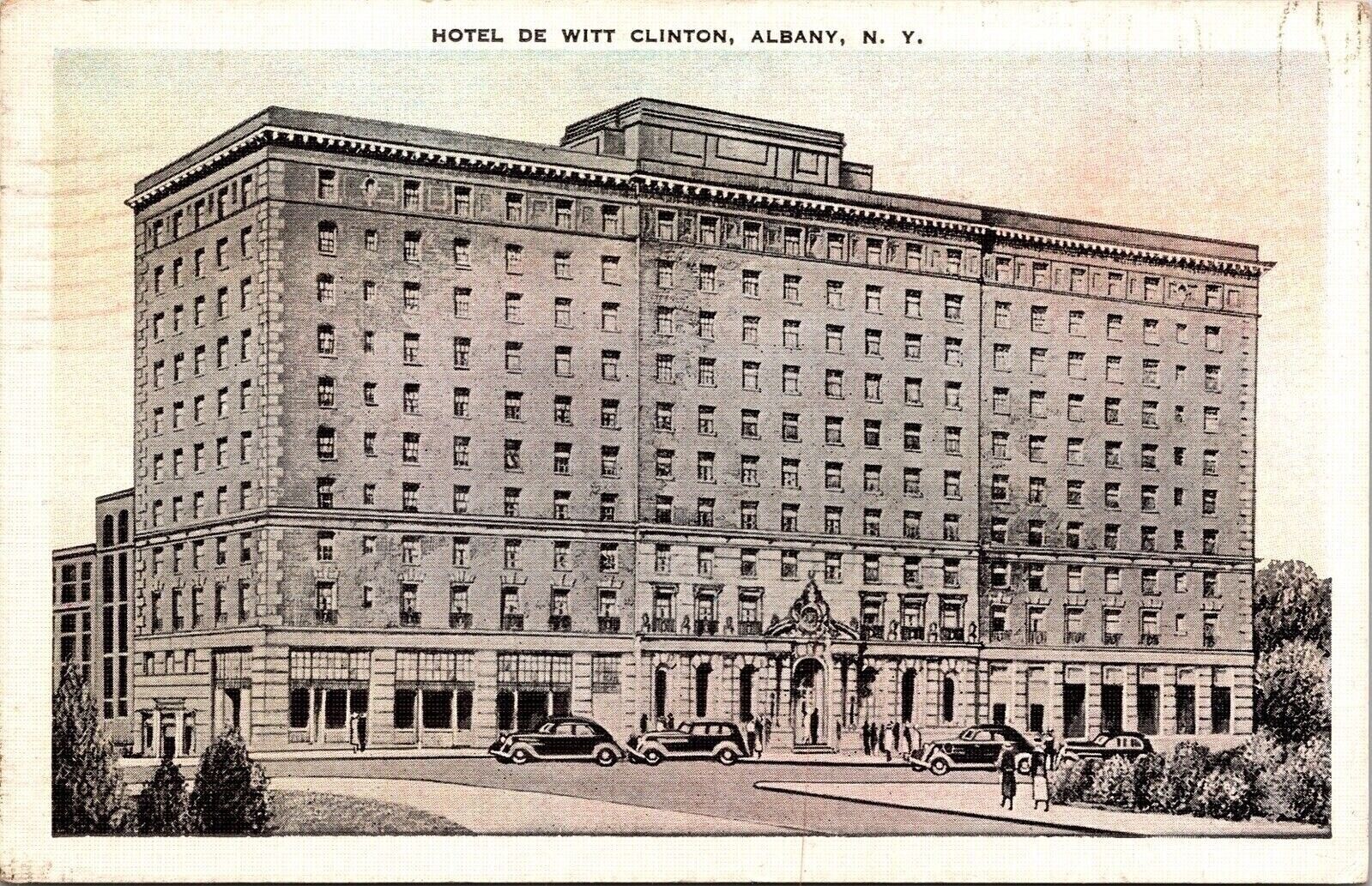 Hotel De Witt Clinton Albany NY New York Old Car VTG Postcard PM Cancel WOB Note