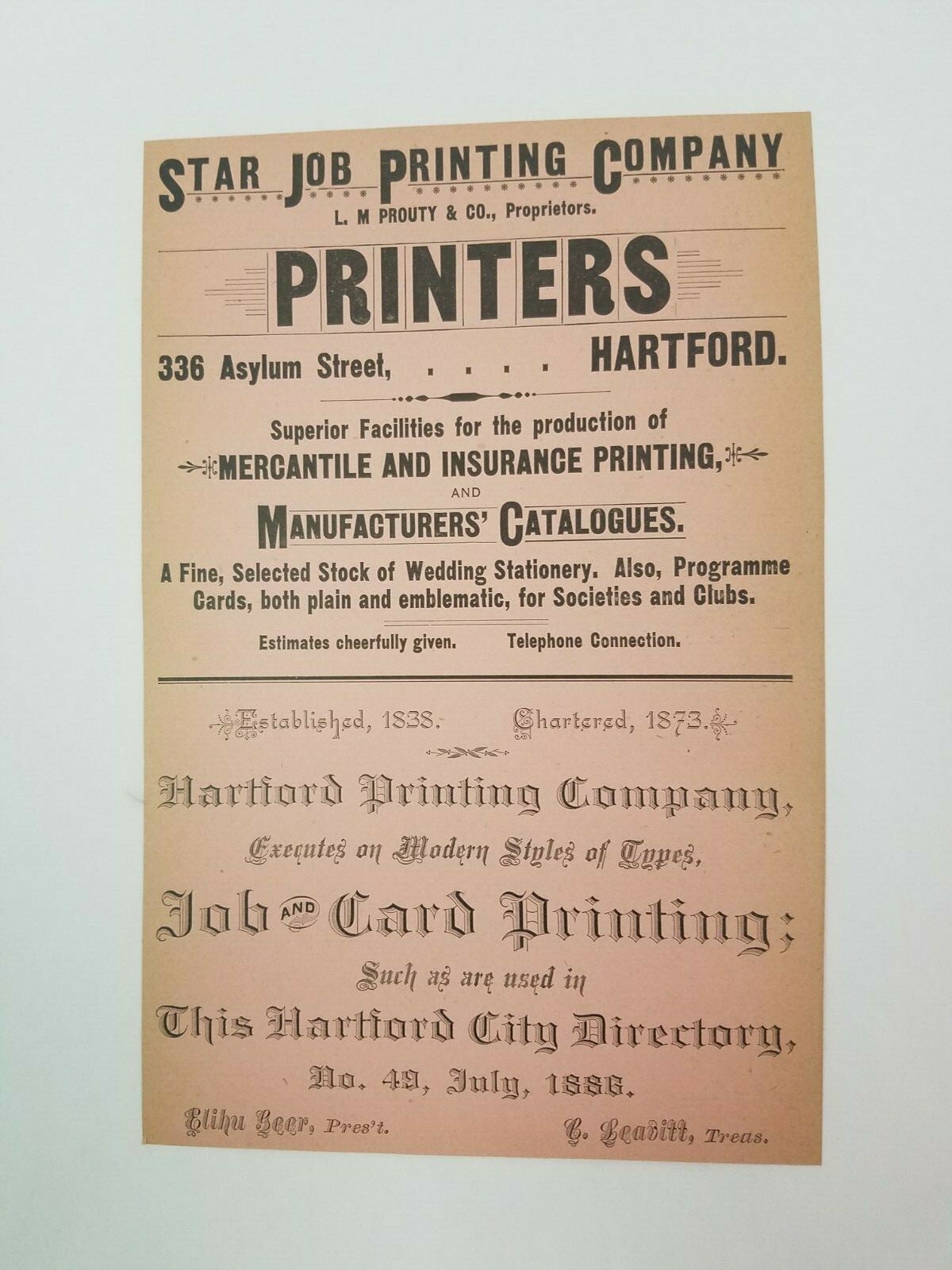 1886 Hartford Connecticut Advertisement Printers Books Calhoun Lang Wiley Eaton 