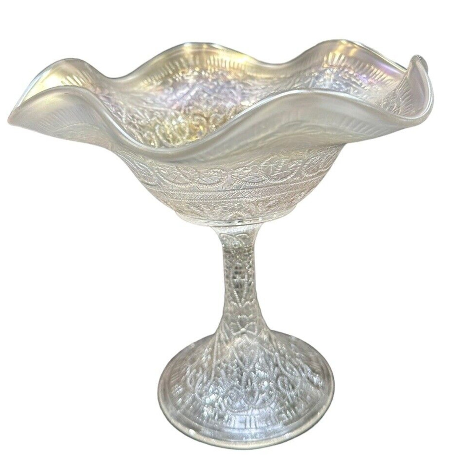 Stunning Northwood Hearts and Flowers Iridescent White Carnival Pedestal Compote