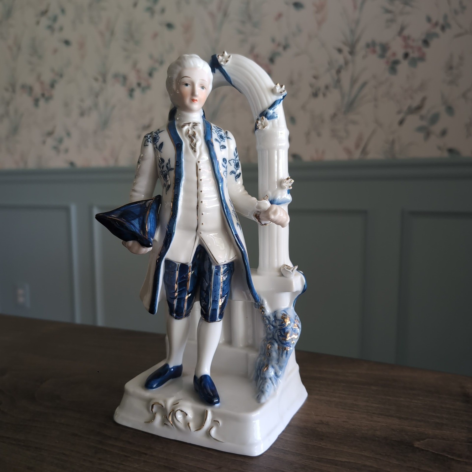 Vintage Porcelain Victorian Man Figurine Blue White Gold 18th Century Gentleman