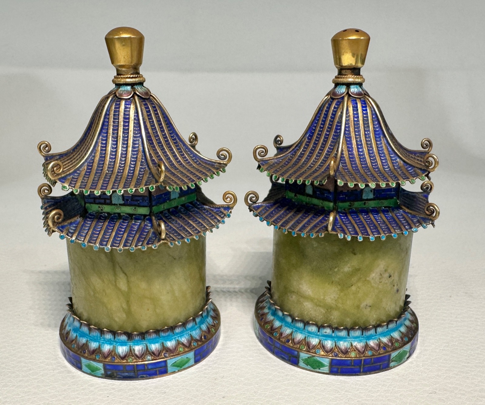 Chinese Export Silver Enamel Jade Pagoda Pepper Shaker & Open Salt W Spoon