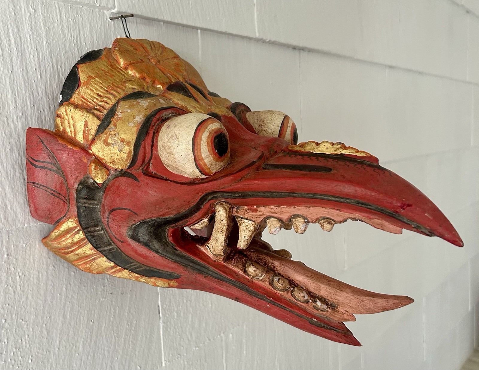 Vintage Balinese Bali Wood Carved & Painted Polychrome Garuda Bird Mask 11”