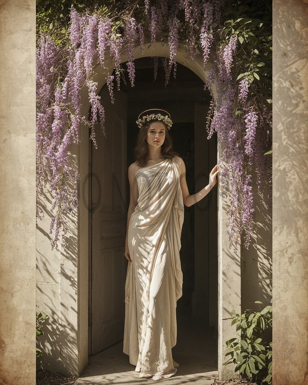 Greek Goddess Wisteria Arch White Drape Floral Crown Fantasy Art Print